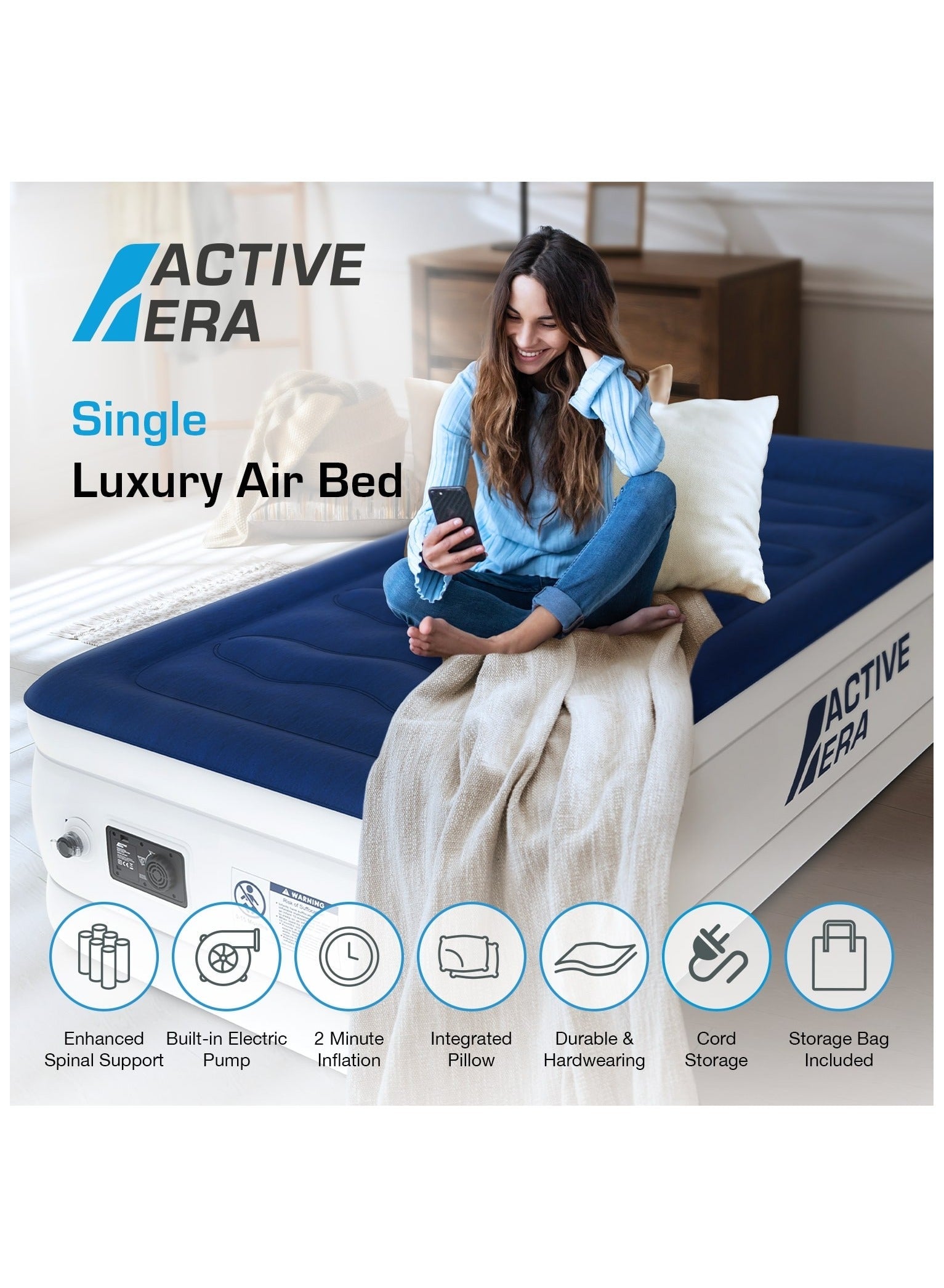 ACTIVE ERA Luxury Single Size Inflatable Mattress - Elevated Air Mattress with Built-in Pump, Raised Pillow & Structured I-Beam Technology