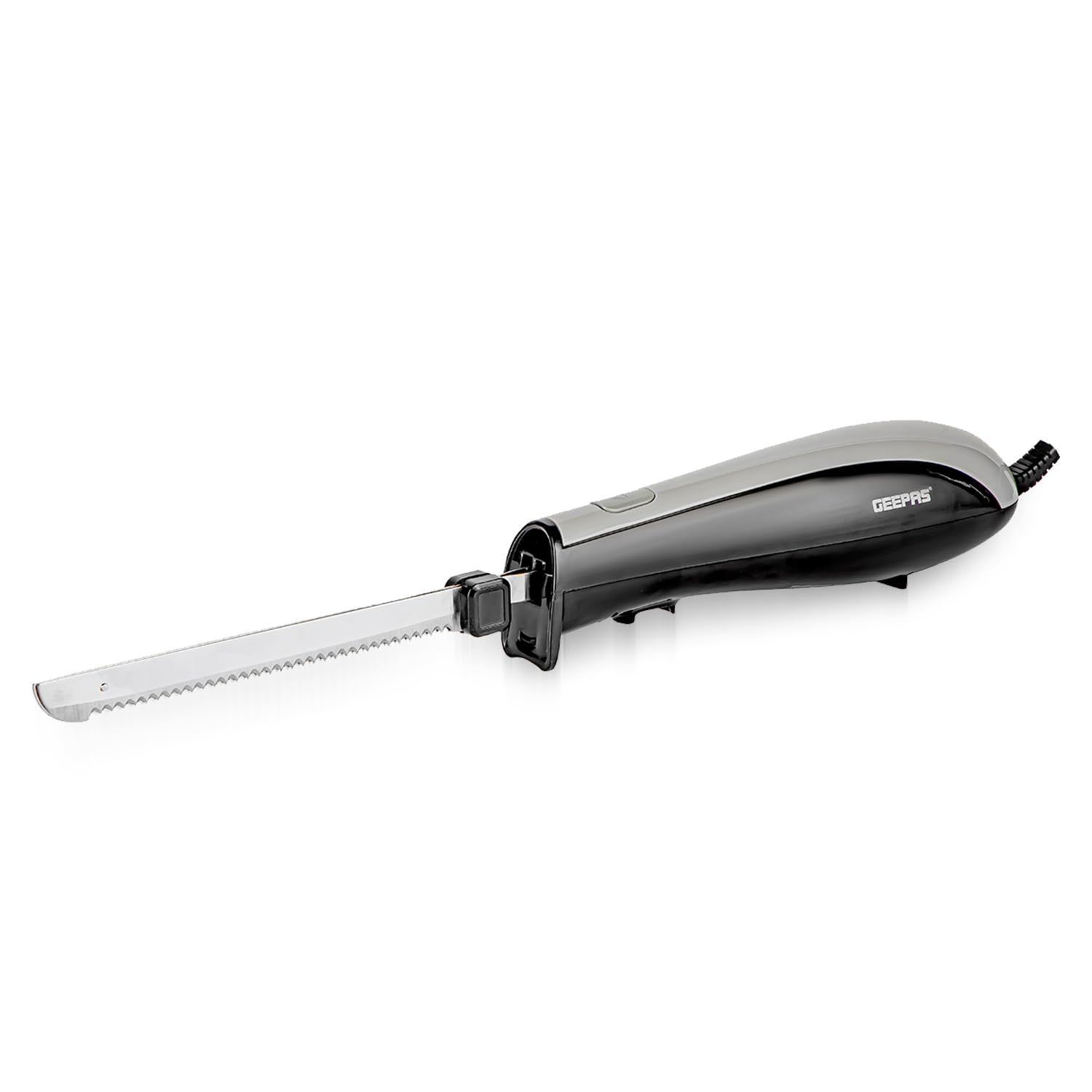 Geepas 150W Electric Knife – Serrated Carving Knife - Can Cut Turkey, Meat, Bread, Vegetables, Fruits, Ham, and Cooked Beef – Single Start Button & Eject Button – (Black & Grey)