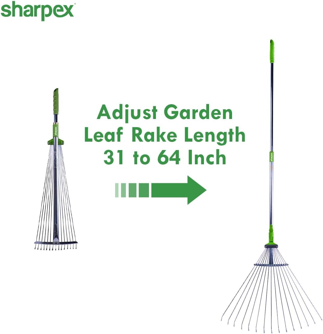 Sharpex Telescopic Metal Rake, Adjustable Rake for Quick Clean Up of Lawn and Yard, Garden Leaf Rake, Expanding Handle with Adjustable 31 to 64 Inch Width Folding Head (AR-FBA)