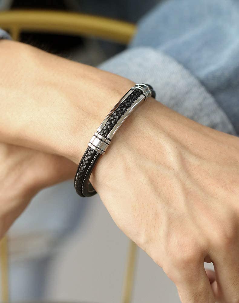 Mens Black Blue Leather Bracelet Silver Stainless Steel For Teen Boys Adjustable Buckle Bracelets Pulseras Para Hombre Different Size For Small Big Wrist