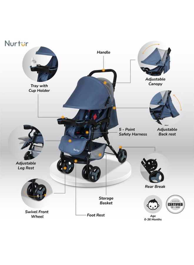 Nurtur Ryder Lightweight Baby Stroller Storage Basket Detachable Food Tray 5 Point Harness Adjustable Canopy Adjustable Reclining Seat And Leg Rest