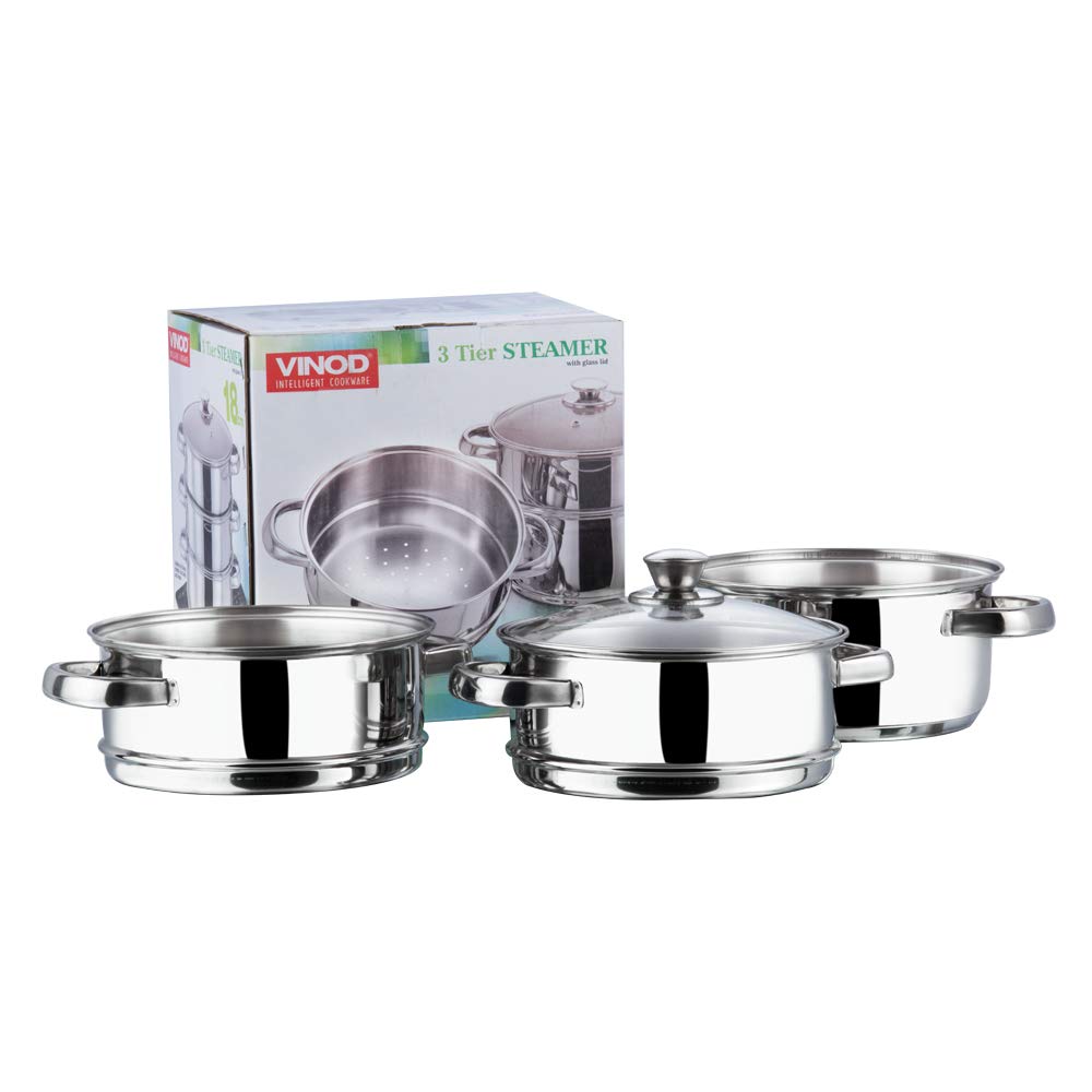 Vinod Stainless Steel Steamer 3 Tier with Glass Lid 20 cm | 2.5 mm Thick Base | Multi Purpose Momos,