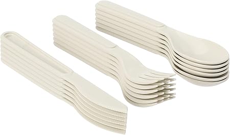 32-Piece Plastic Picnic Set (6 Plates - 6 Forks - 6 Spoons - 6 Knives - 6 Cups - Salt and Pepper - Storage Box) - Cream