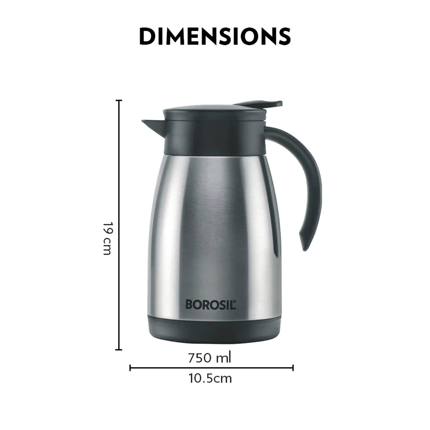 BOROSIL VACUUM INSULATED STAINLESS STEEL TEAPOT | TEA POT | THERMAL FLASK | THERMOS | CARAFE | JUG | COFFEE POT | FOR WATER, COFFEE, TEA | 750 ML SILVER