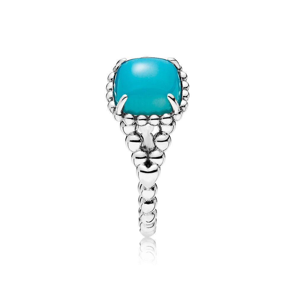 Pandora 925 Sterling Silver Square Shaped Crystal Stone Ring - Silver and Turquoise