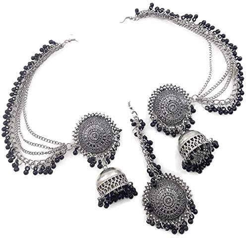 Shining Diva Fashion Latest Oxidised German Silver Antique Design Stylish Traditional Maang Tikka Jhumka Earrings Jewellery Set for Women