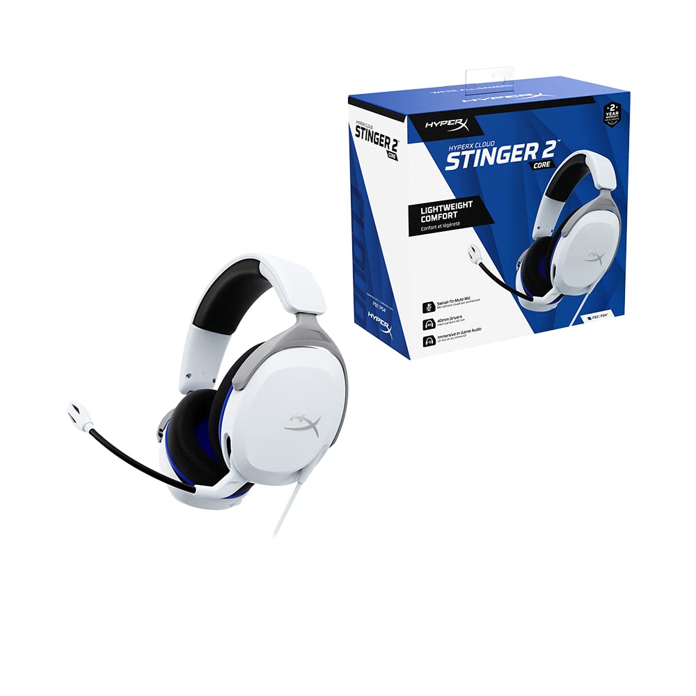 HyperX Cloud Stinger 2 Core - Gaming Headset for Playstation, Lightweight Over-Ear Headset with mic, Swivel-to-Mute Function, 40mm Drivers - White