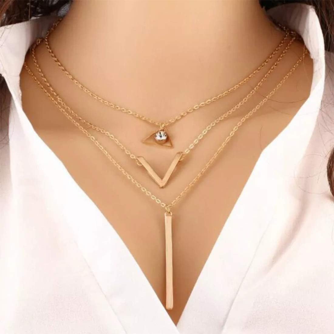Yellow Chimes Women's/Girls St Elegant and Beautiful Sequins Multi Layered Geometric Long Chain Crystal Cubic Zirconia and Gold Plated Base Metal Choker Necklace (Golden)