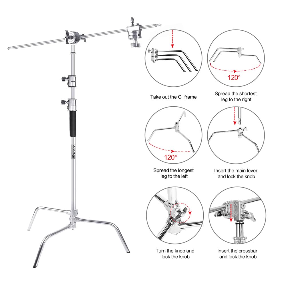 COOPIC C Stand Stainless Steel 336cm/10.8ft Max. Height Studio Photo Video 4 feet Holding Arm Grip with Turtle Base for Light Reflector (3pack Cstand with Trolley Bag)