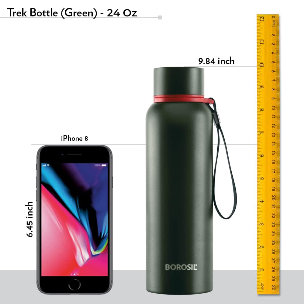 BOROSIL VACUUM INSULATED COPPER COATED INNER TREK Water Bottle|Sports Bottle|Yoga Bottle|Outdoor|PortableLeak Proof|ReusableWater Bottle 700 ML, Green