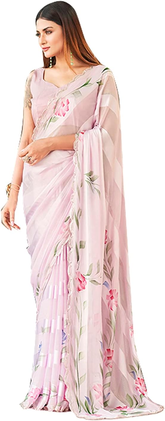 Womanista Women's Satin Hand Print Saree (TI3310_Baby Pink)