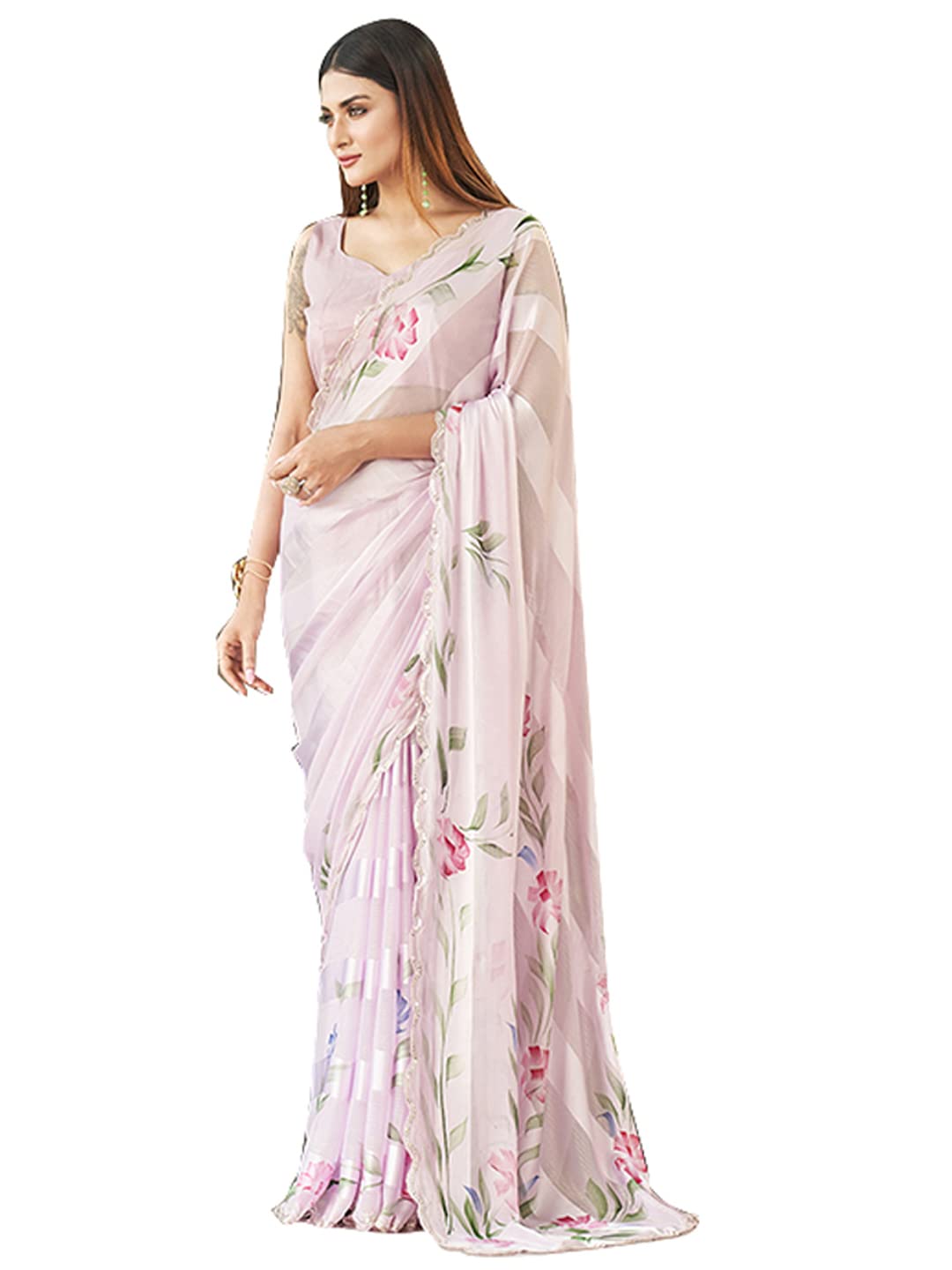 Womanista Women's Satin Hand Print Saree (TI3310_Baby Pink)