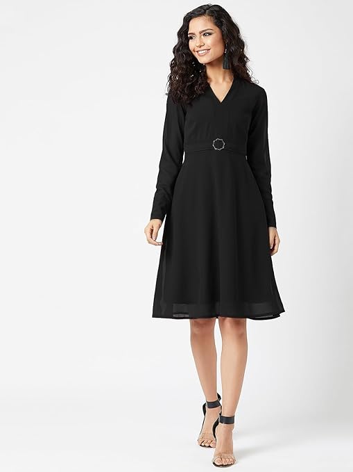 Miss Olive Women's Black V-Neck Full Sleeve Solid Fit & Flare Midi Dress