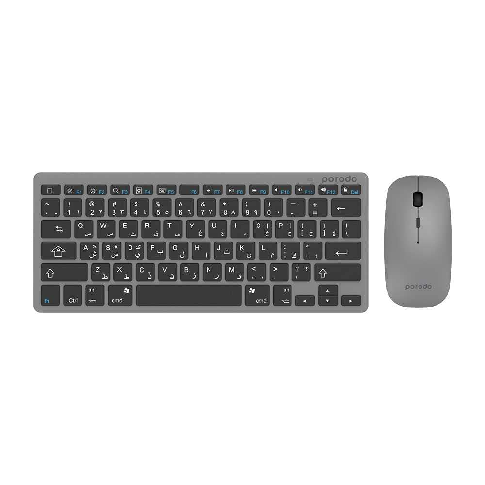 Super Slim Wireless Portable Bluetooth Keyboard with Mouse by Porodo (English/Arabic) 800-1600 DPI, Ultra-Thin Lightweight Compatible for Windows,Android and Tablets - Gray