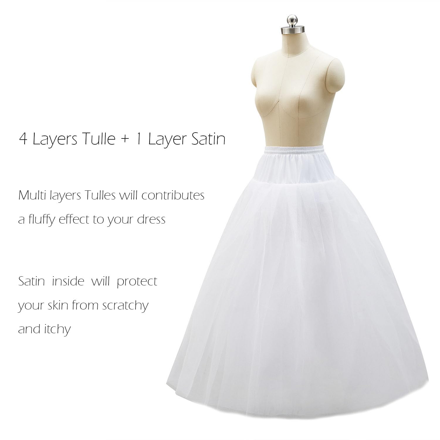 Aprildress A-line Hoopless Petticoat Crinoline Underskirt, White, Size One Size