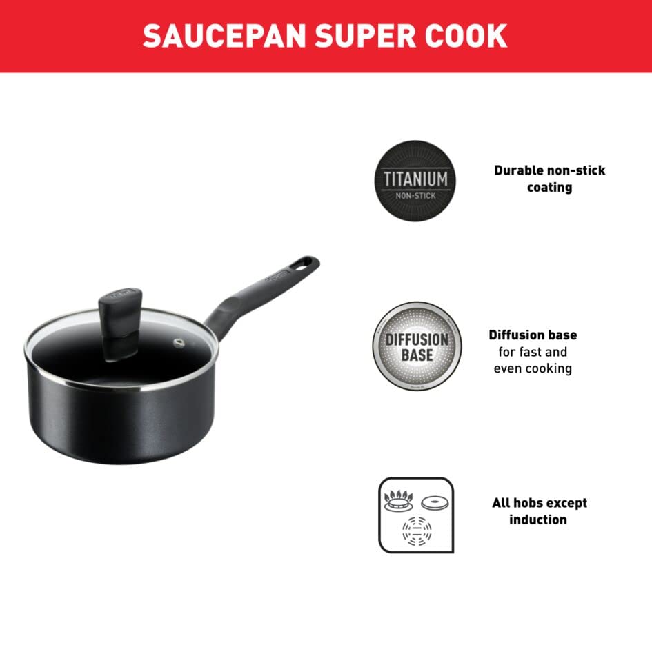 Tefal G6 Super Cook 18 cm Saucepan with Lid, Non stick, Black, Aluminium, B4592384