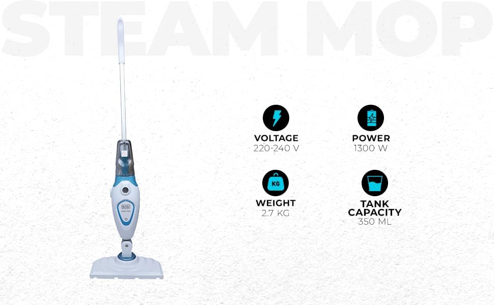 Black+Decker 1300W Steam Mop With Superheated Steam, Swivel Head And Microfibre Pad , White/Blue - Fsm1605-B5