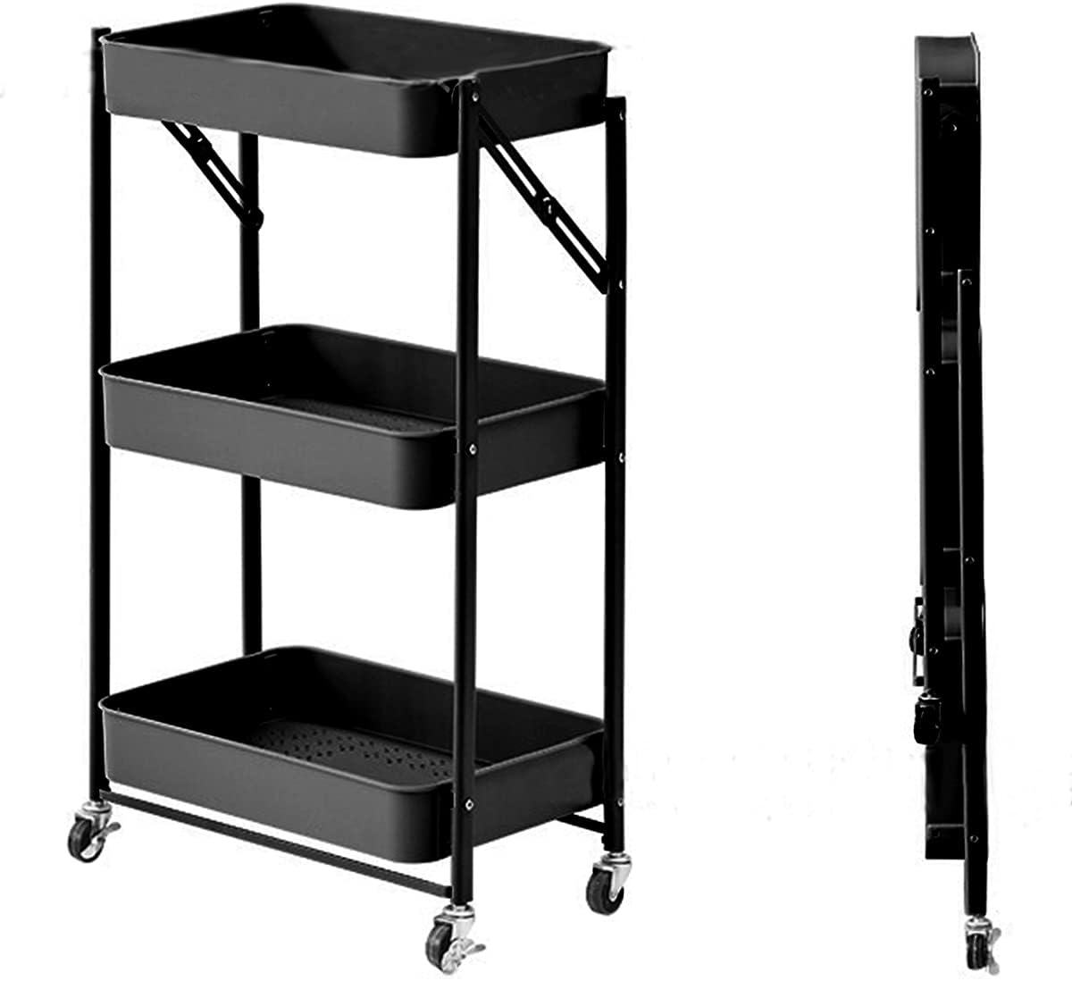 ECVV 3 Tier Utility Rolling Cart Foldable Metal with Caster Wheels Multifunction Storage Unit Locking for Bathroom Kitchen Office Balcony Living Room (Black)