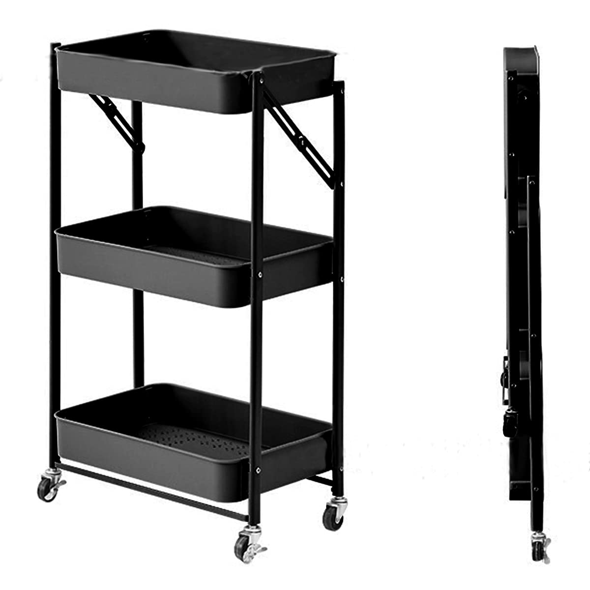 ECVV 3 Tier Utility Rolling Cart Foldable Metal with Caster Wheels Multifunction Storage Unit Locking for Bathroom Kitchen Office Balcony Living Room (Black)