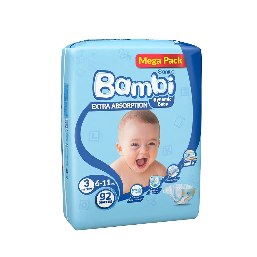 Sanita Bambi Baby Diapers Mega Pack Size 3, Medium, 6-11 KG, 92 Count