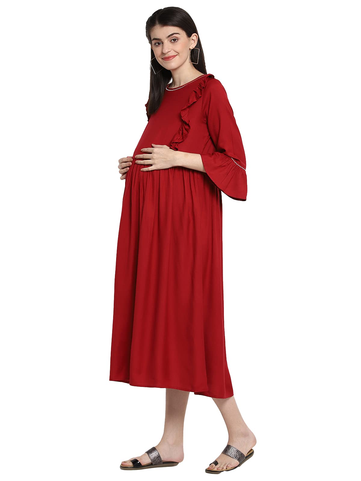 Momstory Women'S Rayon Midi Dress With Frills Details On Yoke (Mdrfn502137)