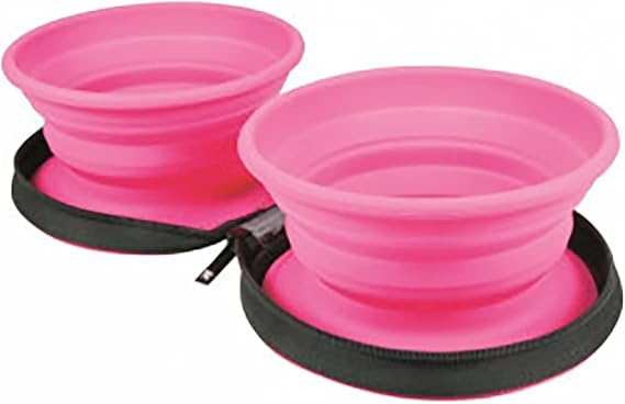 KIWI WALKER Travel Double Pink Bowl for Dogs 16.5x4.5x16.5cm