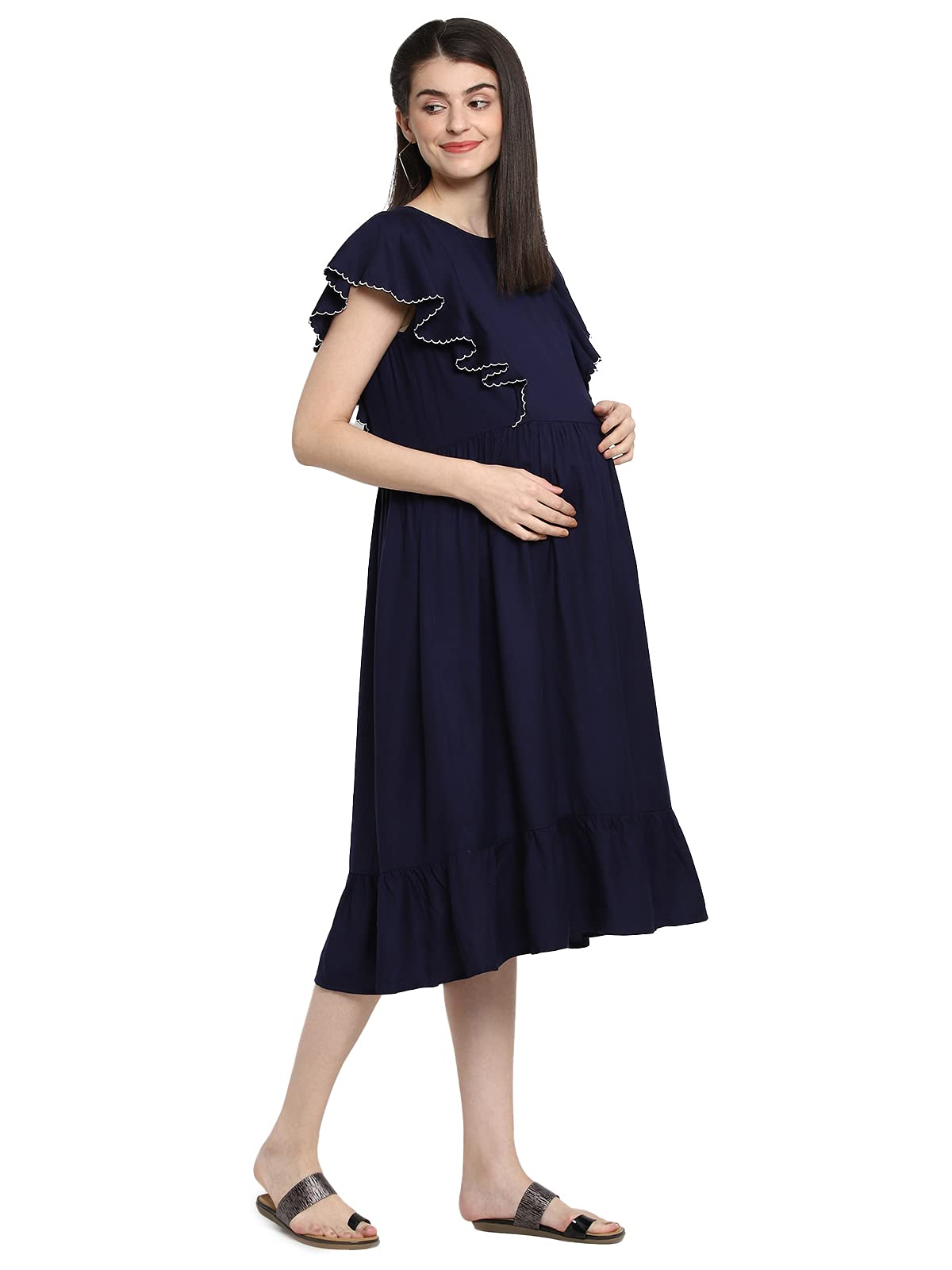 Momstory Women'S Maternity Midi Dress With Frill Details (Mdrfn502152)