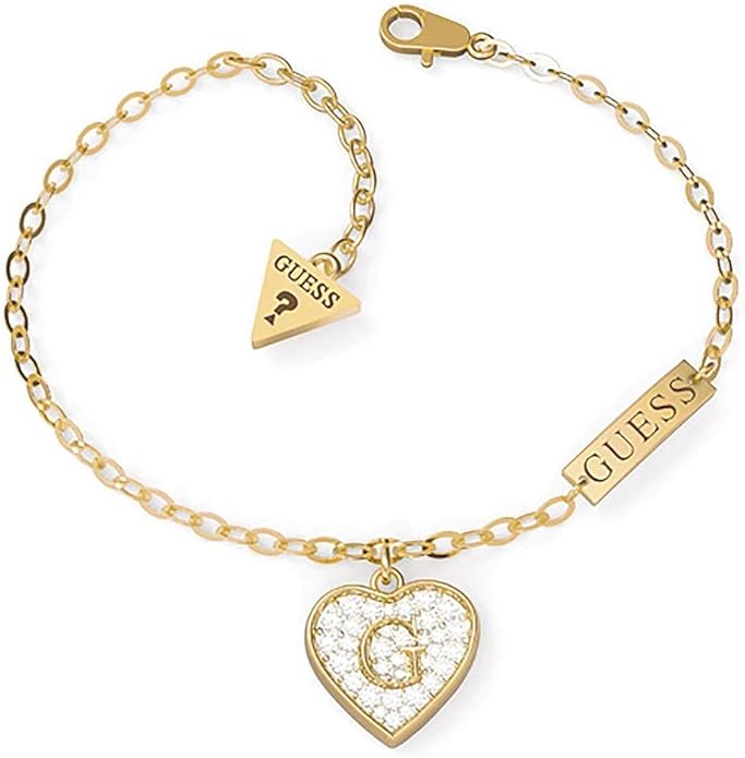 Guess UBB79062-L Stainless Steel Zircon Embellished Logo Detail Heart Pendant Chain Bracelet