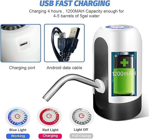 Home Brand 5 Gallon Water Bottle Pump, USB Charging Portable Electric Water Pump for for for 2-5 Gallon Jugs USB Charging Portable Water Dispenser for Office, Home, Camping, Kitchen and etc,white