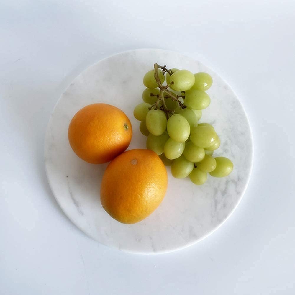 StonePlus Natural Round Marble Tray Glossy Pastry Board for Dessert, Cheese, Coffee, Smooth on Both Sides (Volakas White)