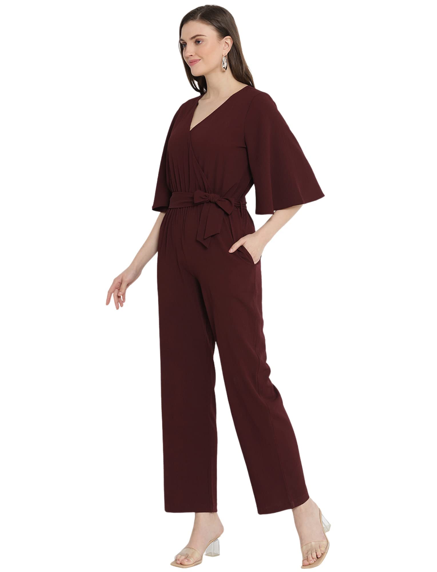 Styleville.in Moss Crepe Wrap Jumpsuit with Flare Sleeve