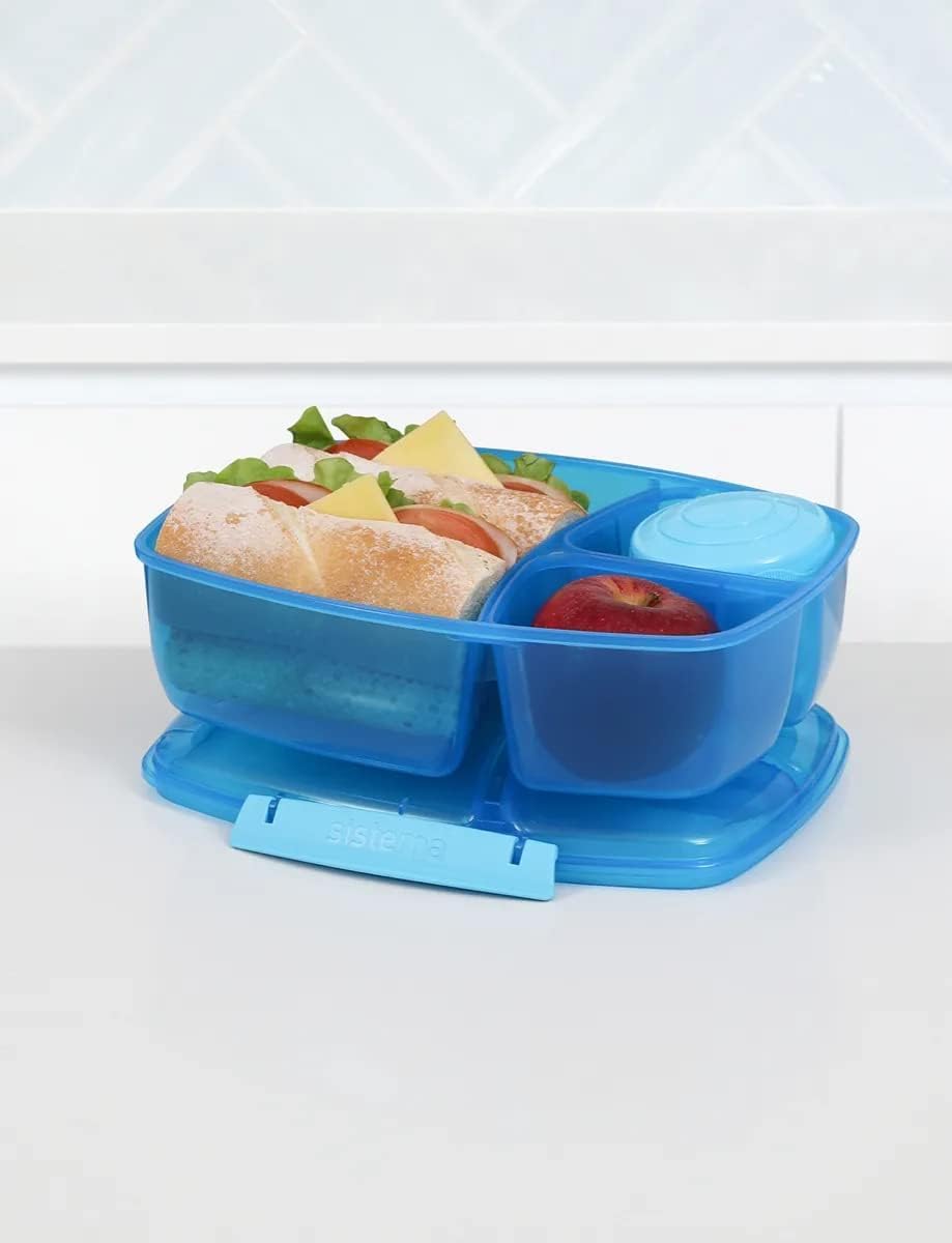 Sistema Lunch Triple Split Box With Yoghurt Pot, Blue, 24.5 X 9.2 X 20 Cm, 40920-2