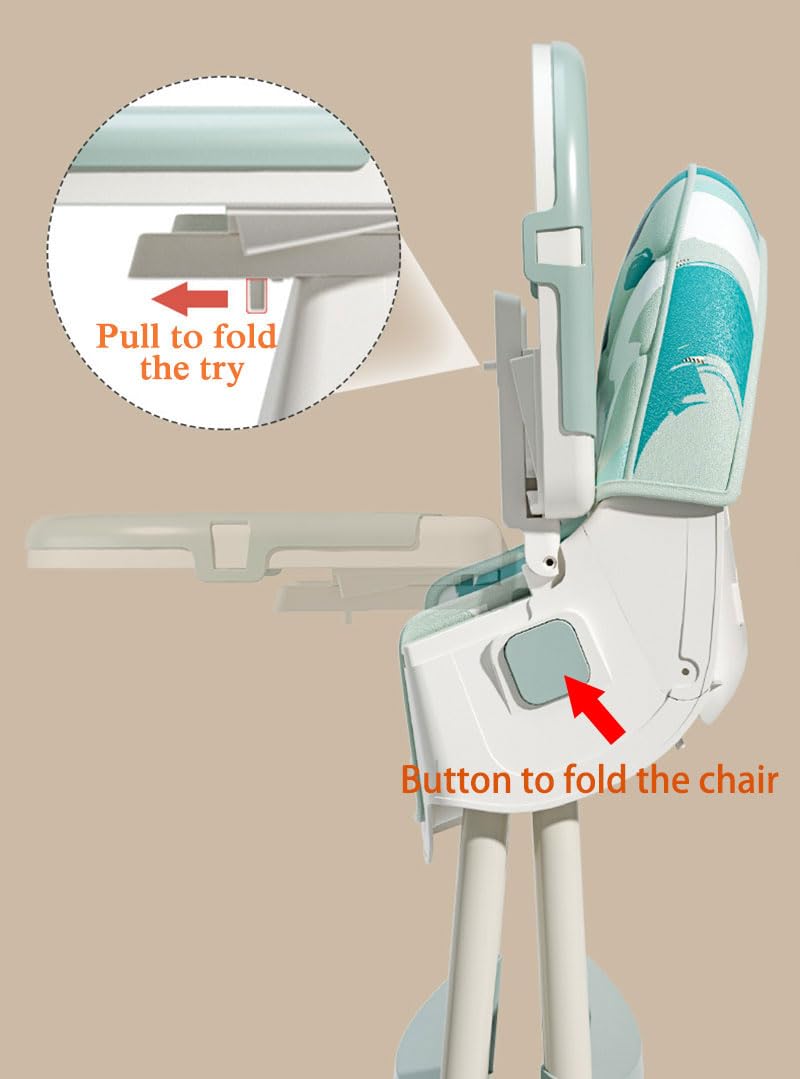 2-1 Baby High Chair, Foldable Infant Dining Chair Rocking Chair, Multifunctional Toddler Kids Feeding Chair, 3Gears Adjustable Recliner Chair with Eating Food Tary & 360° Wheels (Khaki)