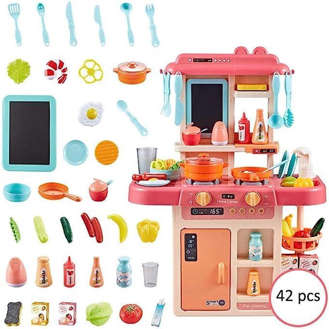 Lenosed Kids Play Kitchen, Simulation Toy Spray Water Tableware Kids Kitchen Toys, 42Pcs Cooking Set Fruit Vegetable Tea Playset Toy For Kids Early Age Development Educational Pretend Player