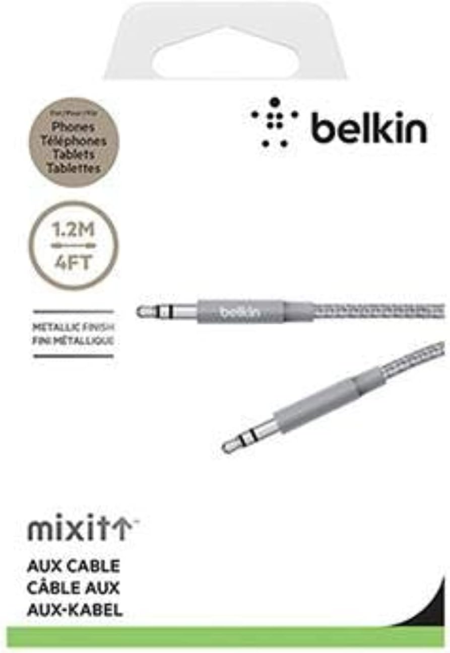 Belkin Mixit Metallic Aux Audio Cable 4 Ft / 1.2 Meters - 3.5Mm Braided Tangle Free Auxiliary Cable With Aluminuim Connectors, Durable And Sleek Audio Link - Grey