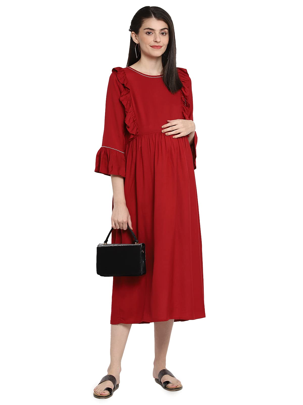 Momstory Women'S Rayon Midi Dress With Frills Details On Yoke (Mdrfn502137)