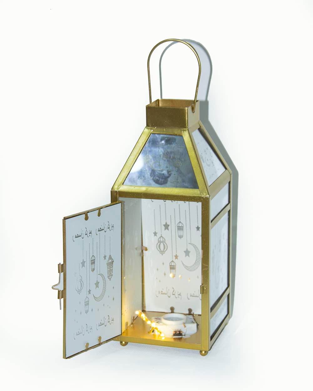 Arabic Lantern, Led Fanoos Light For Ramadan Home Décor Table & Hanging Lantern, Vintage Decorative Tabletop indoor & Outdoor Size 40x10cm, Color Golden