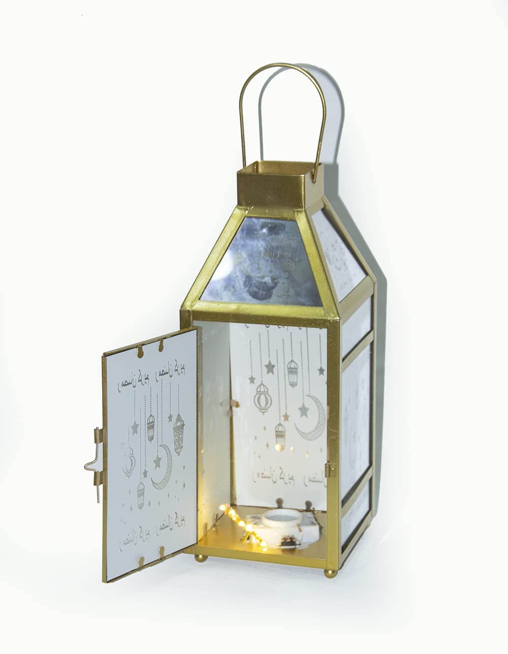 Arabic Lantern, Led Fanoos Light For Ramadan Home Décor Table & Hanging Lantern, Vintage Decorative Tabletop indoor & Outdoor Size 40x10cm, Color Golden