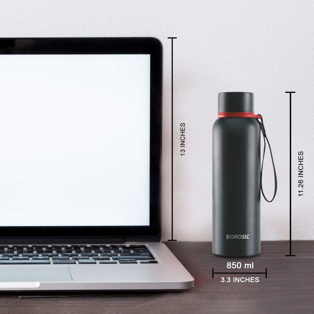 BOROSIL VACUUM INSULATED COPPER COATED INNER TREK Water Bottle|Sports Bottle|Yoga Bottle|Outdoor|PortableLeak Proof|ReusableWater Bottle BLACK, 850ML, BT850BLK102