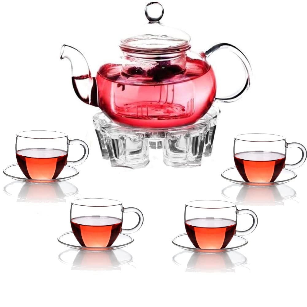 1CHASE Glass Tea Set- Borosilicate Glass Teapot With Heart Shape Tea Warmer and 100 ml 4 Tea Cups with Saucer for Blooming Tea, Flower Tea, Loose Leaf Tea