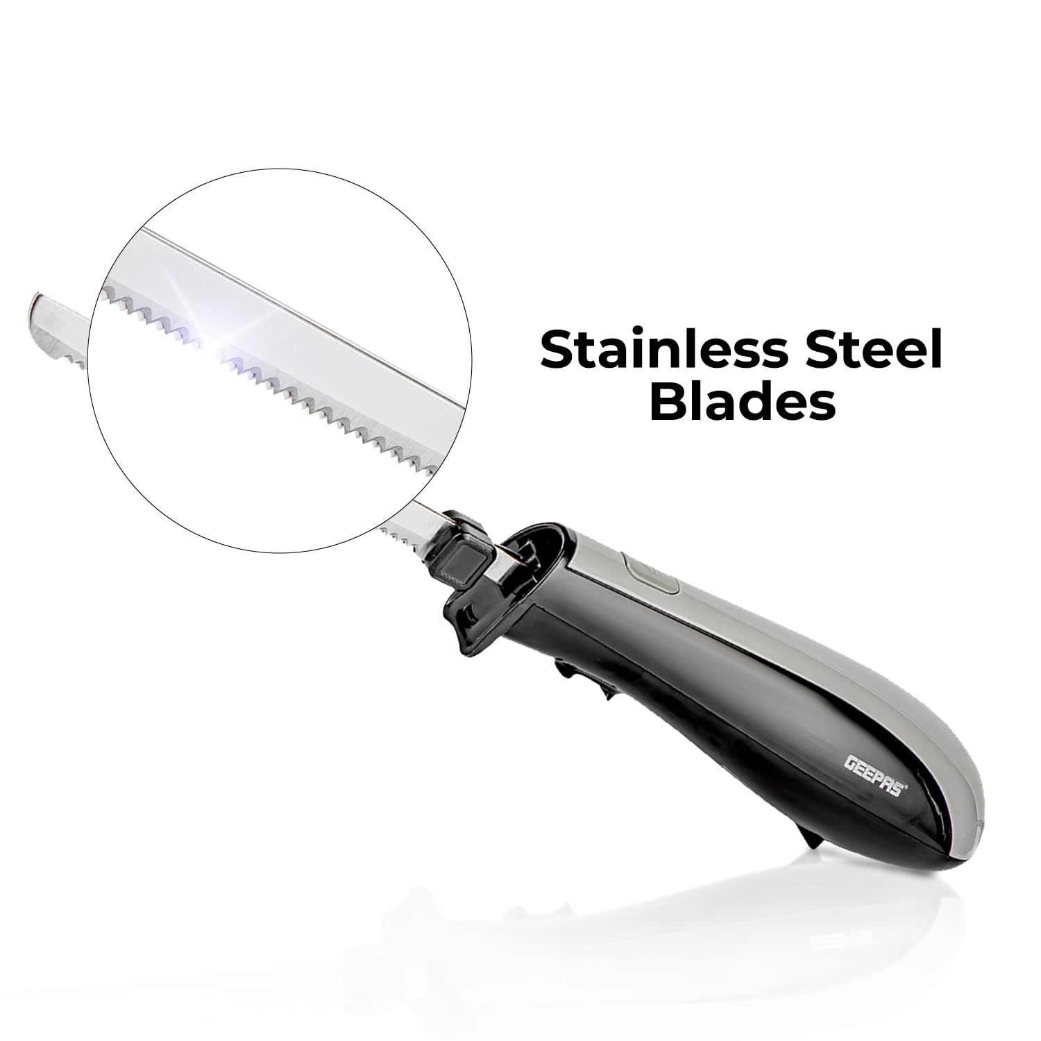 Geepas 150W Electric Knife – Serrated Carving Knife - Can Cut Turkey, Meat, Bread, Vegetables, Fruits, Ham, and Cooked Beef – Single Start Button & Eject Button – (Black & Grey)