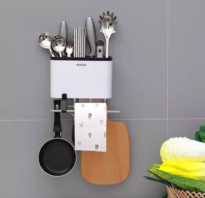 Ecoco kitchen tools and towel holder with 4 hook and stick stand double face by ecoco. - White /  Grey