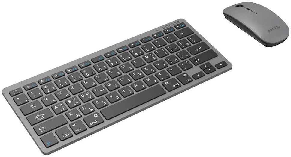 Super Slim Wireless Portable Bluetooth Keyboard with Mouse by Porodo (English/Arabic) 800-1600 DPI, Ultra-Thin Lightweight Compatible for Windows,Android and Tablets - Gray