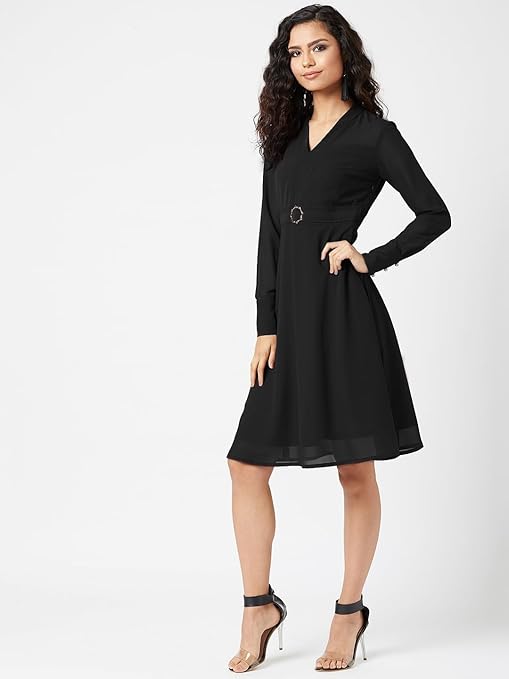 Miss Olive Women's Black V-Neck Full Sleeve Solid Fit & Flare Midi Dress