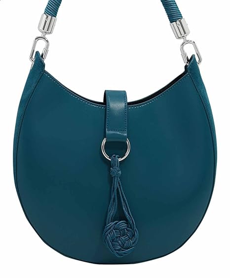 CHARLES & KEITH Faux Leather Knot-Pendant Front-Strap Hobo Bag for Women - Petrol Blue