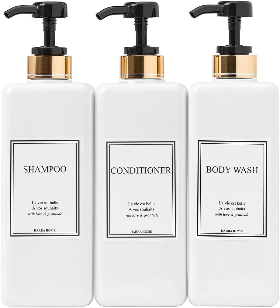 HARRA HOME Modern Gold Design Pump Bottle Set 27 oz Refillable Shampoo and Conditioner Dispenser Empty Shower Plastic Bottles with Pump for Bathroom Lotion Body wash Massage Oils, Pack of 3 (Black)