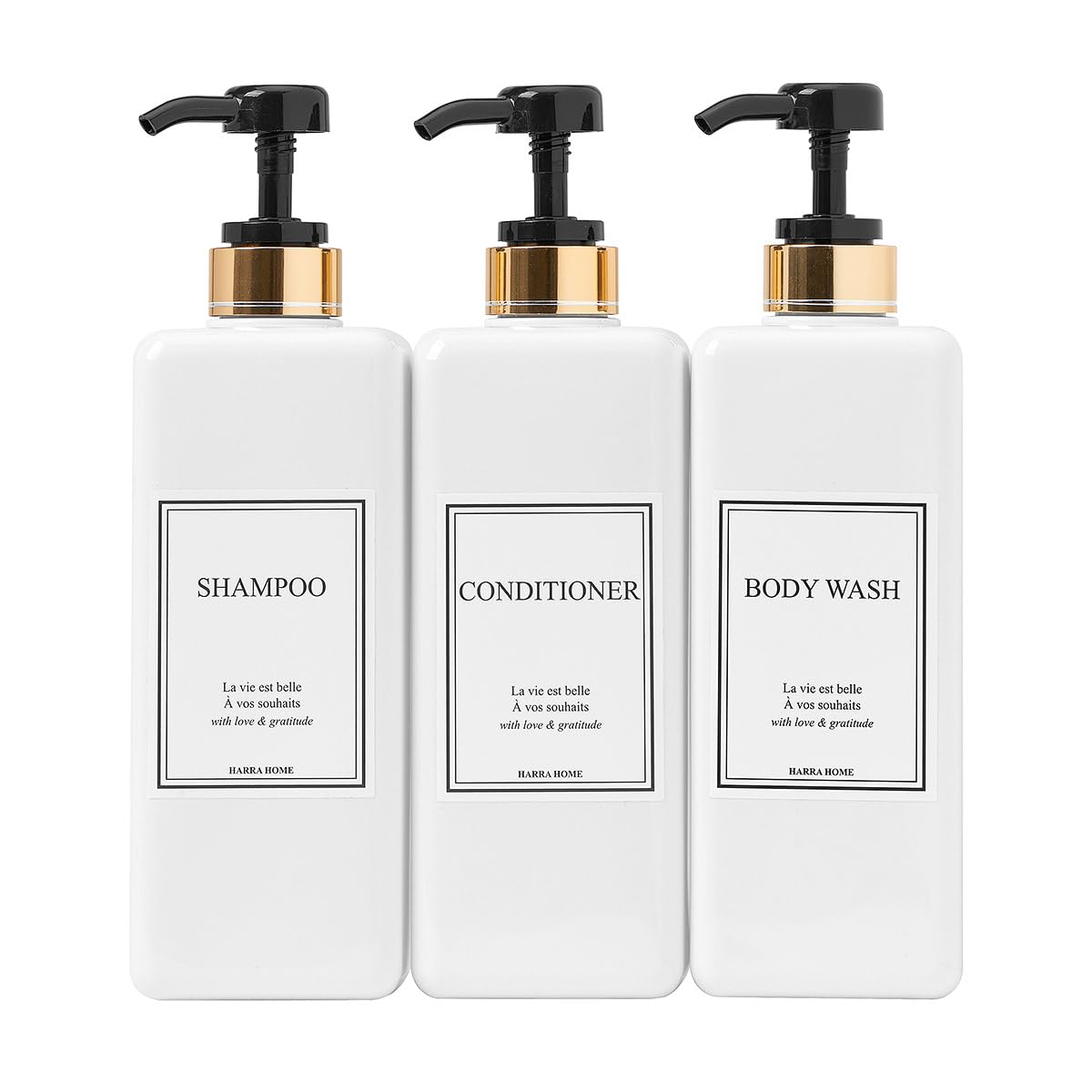 HARRA HOME Modern Gold Design Pump Bottle Set 27 oz Refillable Shampoo and Conditioner Dispenser Empty Shower Plastic Bottles with Pump for Bathroom Lotion Body wash Massage Oils, Pack of 3 (Black)