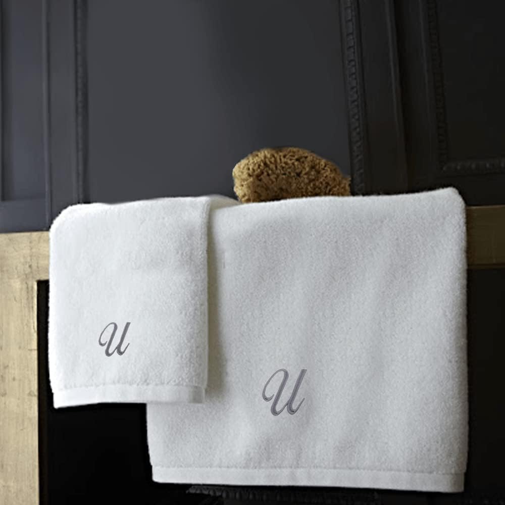 BYFT Embroidered For You (White) Luxury Monogrammed Towels (Set of 1 Hand & 1 Bath Towel) 100% Cotton, Highly Absorbent and Quick dry,Classic Hotel and Spa Quality Bath Linen-600 Gsm (Silver Letter U)