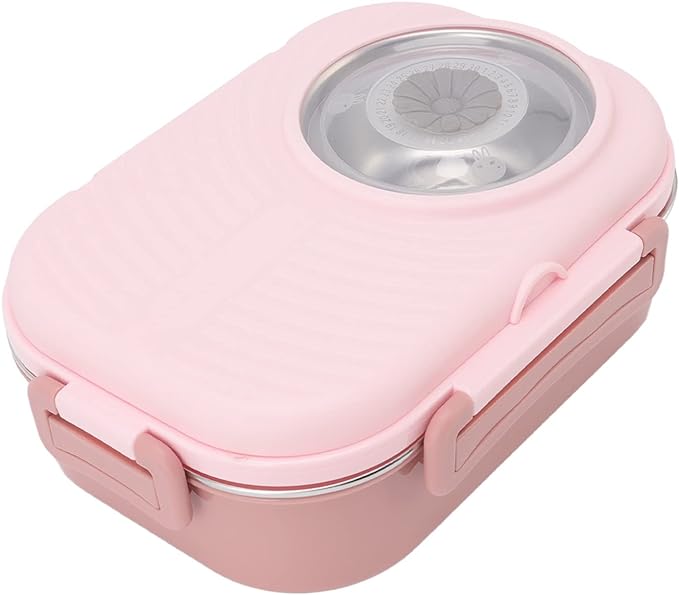 Bento Lunch Box - Double Layer Camera-Shaped Container, 1450ml with Soup Bowl for School (Pink)