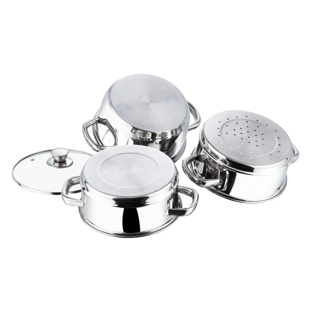 Vinod Stainless Steel Steamer 3 Tier with Glass Lid 20 cm | 2.5 mm Thick Base | Multi Purpose Momos,